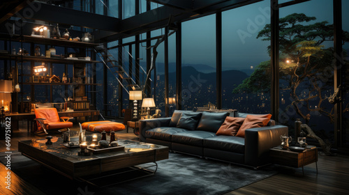 Modern living room with city view at night, leather sofa, and wooden coffee table.