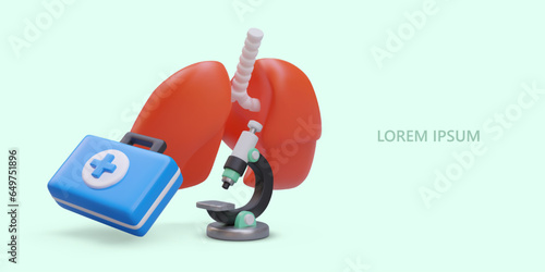 Placard with 3d medical kit, red lungs and microscope for research. Protection and healthy lungs concept. Vector illustration in blue and red colors with place for text