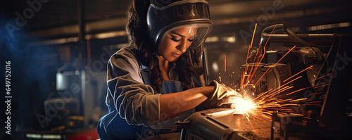 Woman welder in protective workwear in industrial factory.