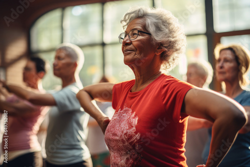 Exercising class in a retirement village, elderly people living healthy lifestyle over sixty © fogaas