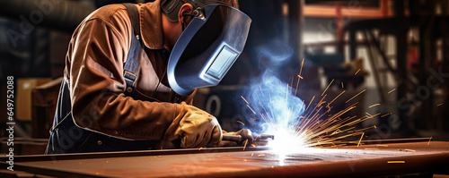 Welder welding metal contruction parts. banner photo