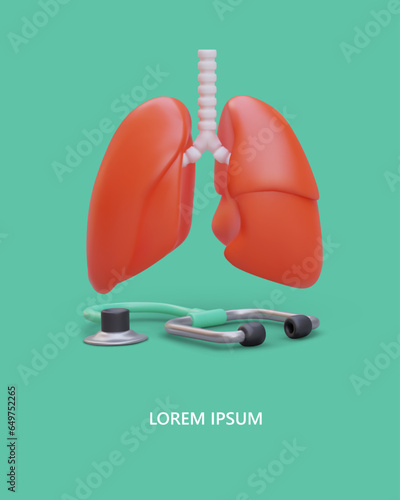 Vertical poster with 3d realistic lungs and medical instrument stethoscope. Medical examination and respiratory examinations concept. Vector illustration with green background