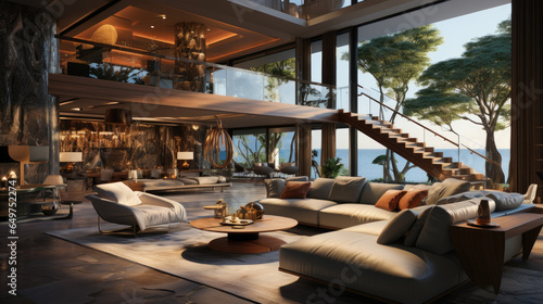 Luxurious living room with ocean view, modern furniture, and high ceilings. © Vahid