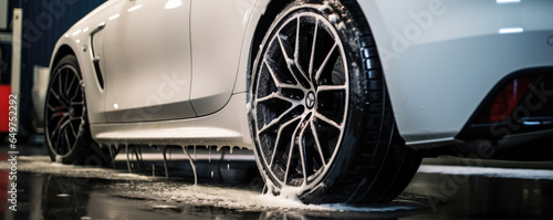 Sport car in white color covered with shampoo. Cleaning cars  detail on wheel.