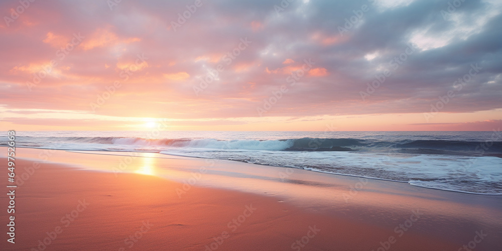 Tranquil Serenity Unveiled: A Captivating Sunrise Over a Serene Beach, Where Gentle Waves Caress the Shoreline