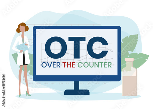 OTC Over The Counter - off-exchange trading is done directly between two parties, without the supervision of an exchange, acronym text concept background