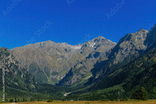 Mountain Ushba view in Georgiam blue sky, summer day
