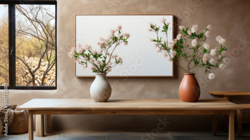 Minimalist living room interior with wooden table  ceramic vases  pink flowers  and blank picture frame.