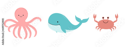Set of cute cartoon inhabitants of the underwater world: whale, octopus, crab. Vector illustration for children.