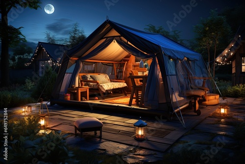 Camping under the Stars outdoor camping tent with a tarp or flysheet set up on a grass courtyard.Generated with AI © Chanwit