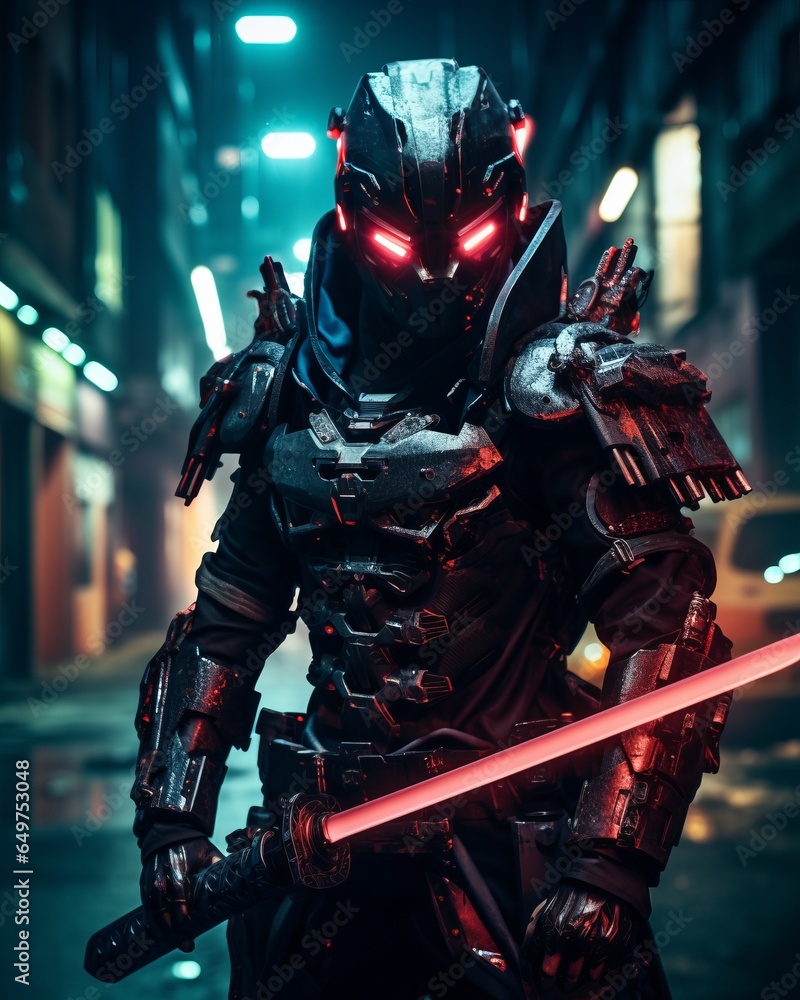 A futuristic samurai robot in a cyberpunk city, wielding a plasma katana