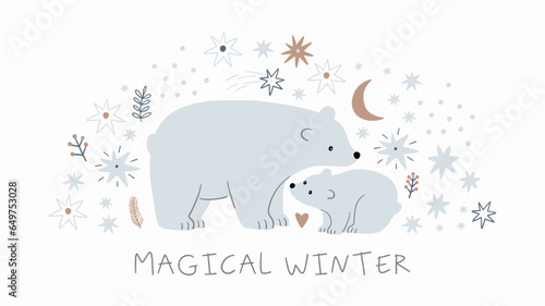 Cute Bear Mom and baby - vector illustration. Cartoon bear family in flat style