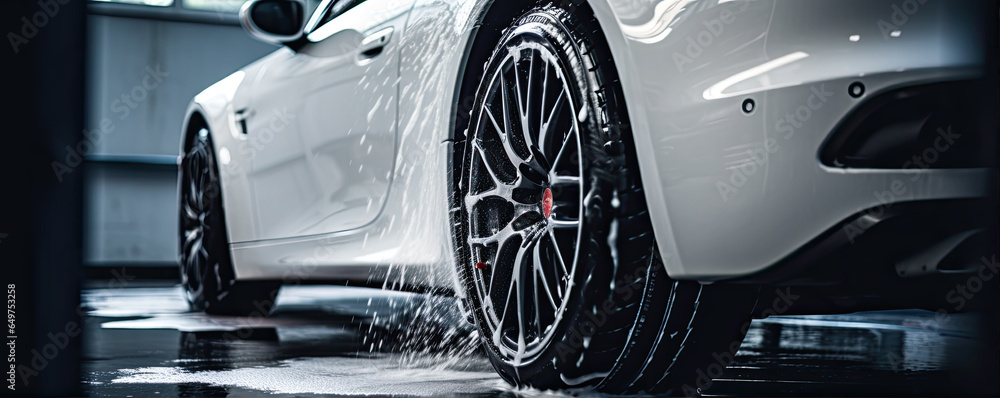 Sport car in white color covered with shampoo. Cleaning cars  detail on wheel. - obrazy, fototapety, plakaty 
