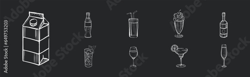 Drink and Beverage in Sketch Style Drawn with Chalk on Black Background Vector Set