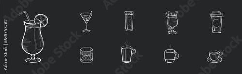 Drink and Beverage in Sketch Style Drawn with Chalk on Black Background Vector Set