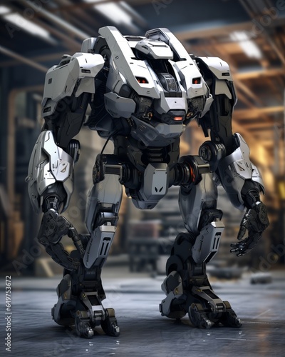 A sleek and agile future combat mech in a high-tech military base