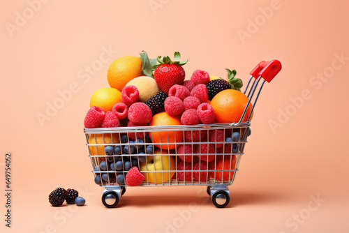 Shopping cart overflowing with a variety of fresh fruits.