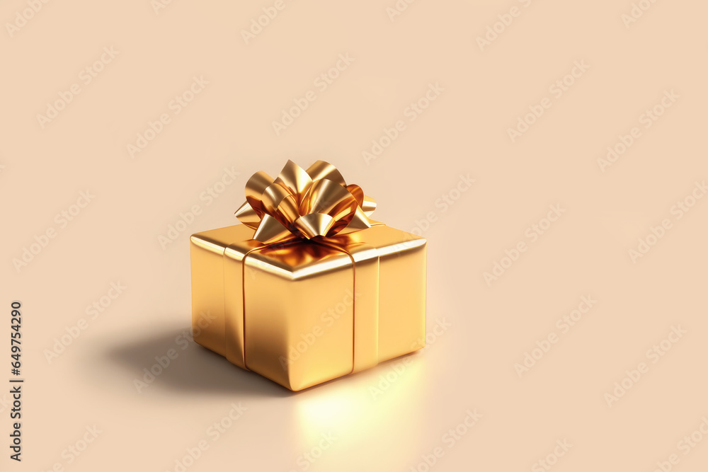 Christmas present, gift golden box with bow on pastel beige Peach Fuzz Color of The Year 2024 background with holiday lights bokeh. Christmas present, gift golden box with bow on pastel beige Peach Fuzz Color of The Year 2024 background with holiday lights bokeh.