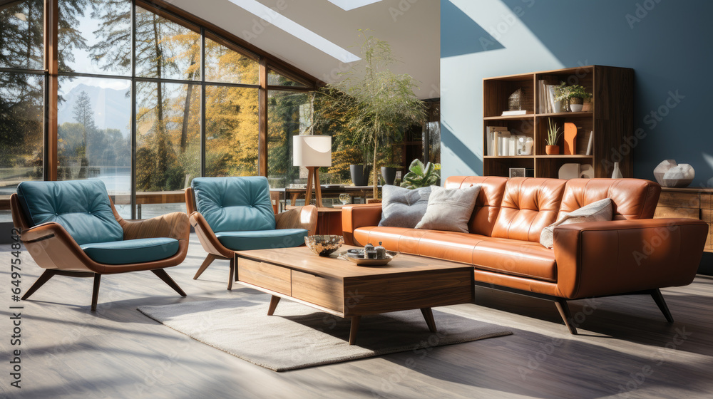 Mid-century style home interior design of modern living room with brown leather sofa and armchairs.