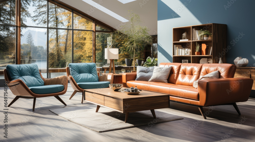 Fototapeta premium Mid-century style home interior design of modern living room with brown leather sofa and armchairs.