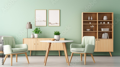 Mint color chairs at round wooden dining table in dining room with cabinet near green wall. Scandinavian, mid-century home interior design of modern living room. © Vahid