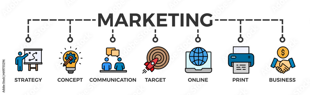 Marketing banner web icon vector illustration concept with icon of strategy, concept, communication, target group, online, print and business Marketing banner web icon vector illustration concept with icon of strategy, concept, communication, target group, online, print and business