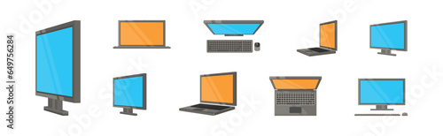 Laptop and Desktop Computer Device with Blue and Orange Screen Vector Set