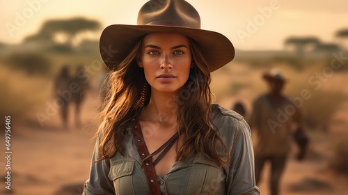 Portrait of a young woman with a hat on a safari in Africa