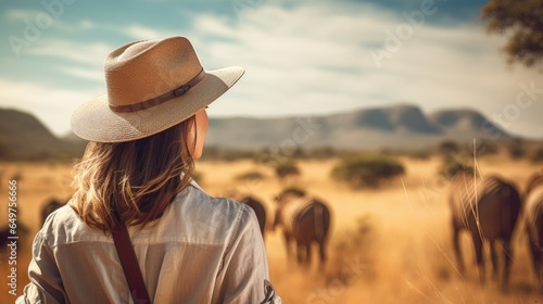 Portrait of a young woman with a hat on a safari in Africa