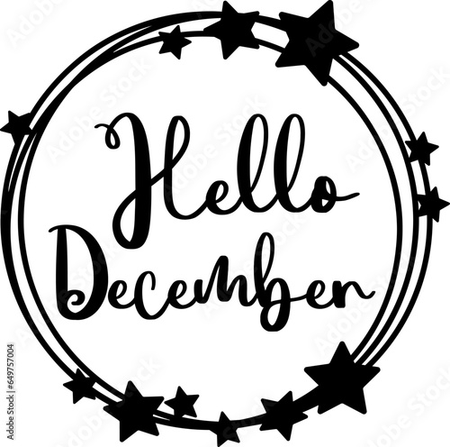 Hello December circle wreath with stars, Simple Winter Round border, Vector Circle frame Xmas design plotter file, Christmas ornament home decor
