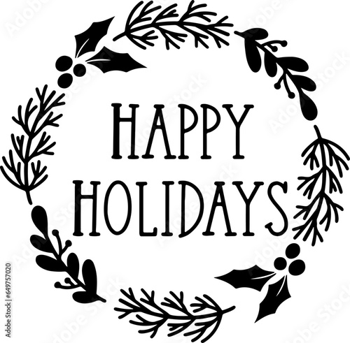 Happy Holidays circle wreath, Simple Winter Round split monogram vector border, Circle frame Xmas design plotter file, Christmas ornament home decor