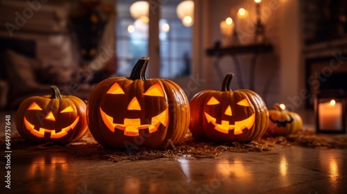 Halloween jack-o-lantern pumpkins. Home decorated with traditional Halloween symbols. Spooky pumpkins with candles put on living room carpet