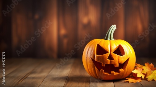 Halloween one little pumpkin at wood background. Carved scary faces of pumpkin. October holiday