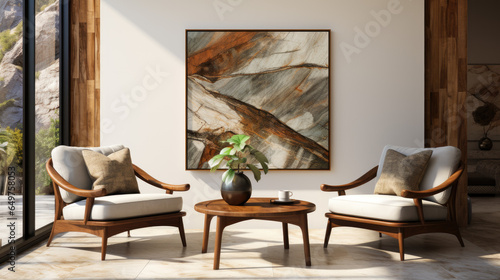 Modern living room with abstract painting and rattan chairs