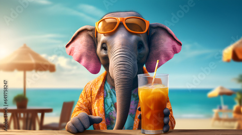 Summer Fun by the Seaside: Elephant Enjoying Cool Drinks Against a Vibrant Beach Backdrop, Tropical Vacation, Refreshing Beverage, Beach Party Concept