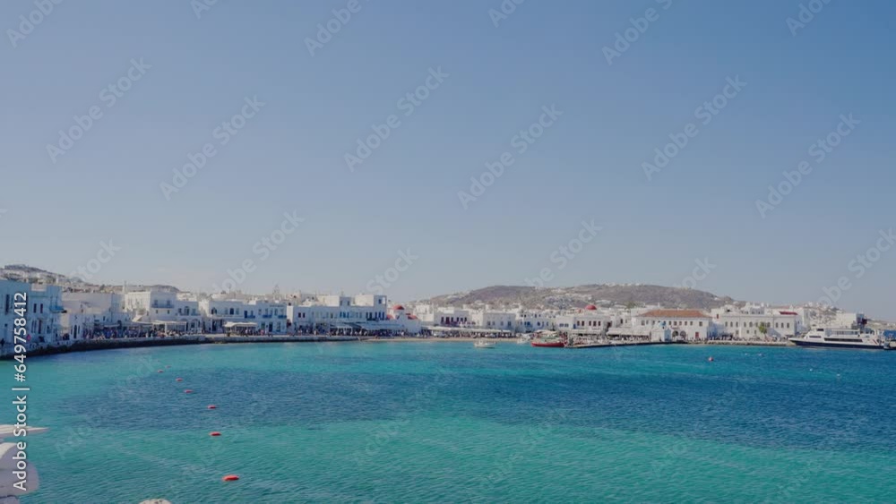 Mykonos town, Cyclades, Greece, to the Little Venice district during summer sunset time
Mykonos town, Cyclades, Greece, to the Little Venice district during summer sunset time