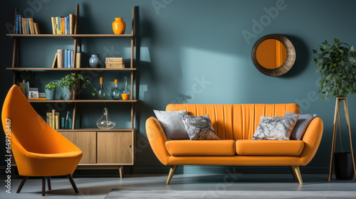 Mid-century modern living room with orange sofa and armchair © Vahid