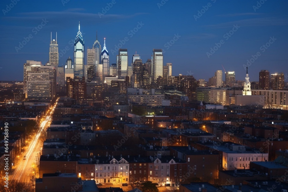 Cityscape at night, Philadelphia's downtown center with dusk settling over Logan Square. Generative AI