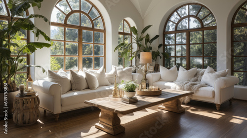 Bright and Airy Living Room with Arched Windows and Mountain Views