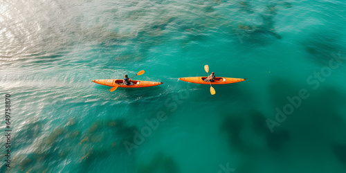 clear blue sea with floating transparent kayak, person with life jacket on boat  photo