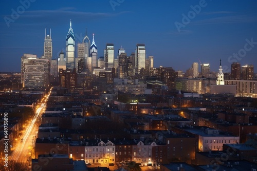 Cityscape at night, Philadelphia's downtown center with dusk settling over Logan Square. Generative AI
