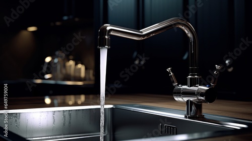 Close-up of kitchen countertop with built-in sink, metallic faucet with running water on the foreground. Selective focus, blurred background. Contemporary interior design. 3D rendering.