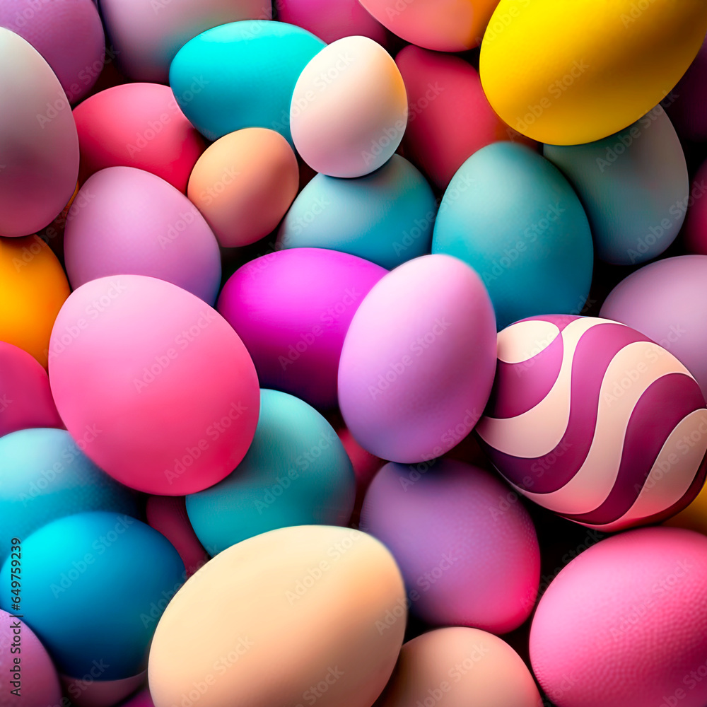 Multi color painted Easter Eggs background.
Holidays Easter minimal concept. Flat lay.
Close up. Copy space.