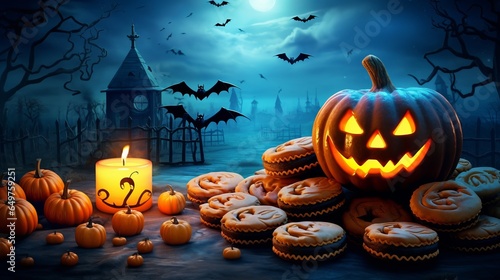 Halloween Pumpkin and candy In A Mystic Night with moon background and candy