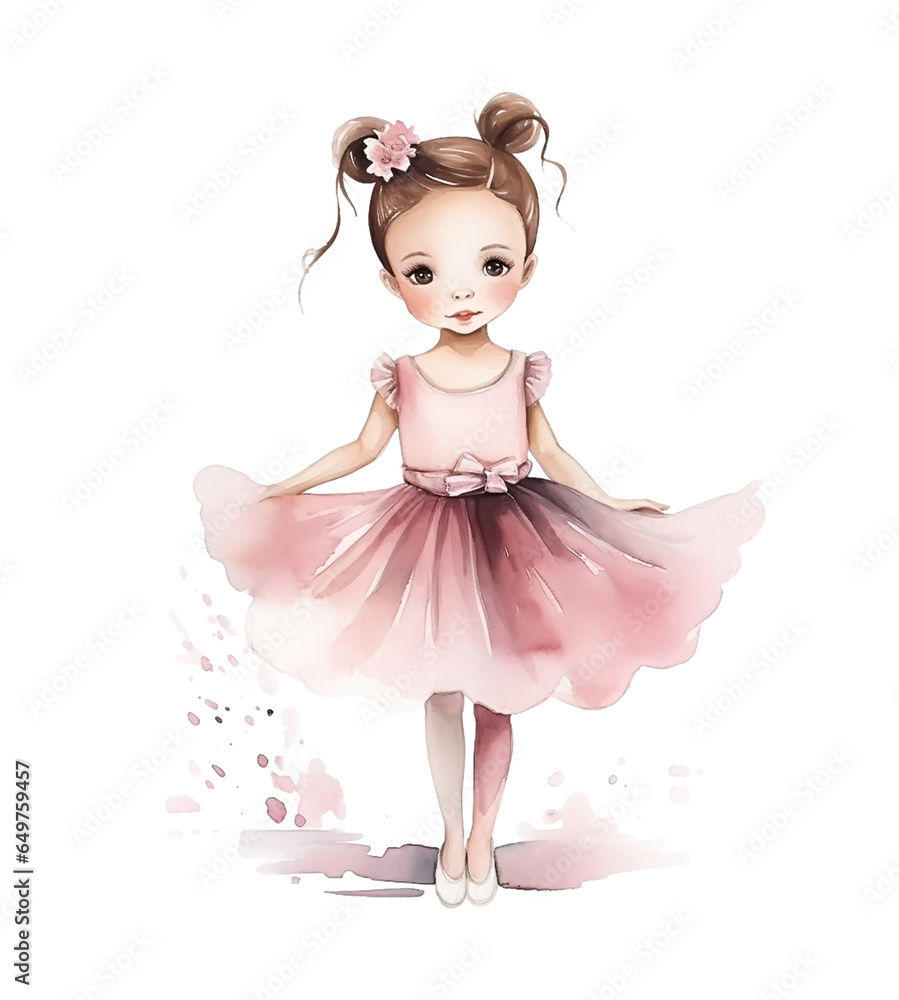 Cute dancing little girl ballerina isolated on white background. Watercolor illustration. - obrazy, fototapety, plakaty 