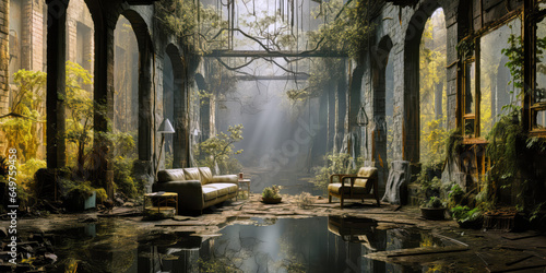 Lost Place, living room of nature, sofa, couch, cathedral, gothic ruin, pillars, reflection, background, wallpaper, generative ai