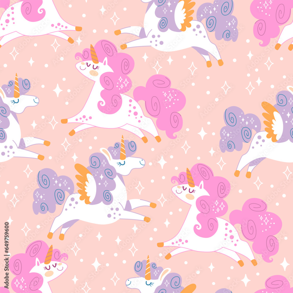 Seamless pattern unicorns blue pink main vector illustration