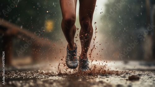 Photograph of a runner's feet in bad weather conditions, the concept of motivation