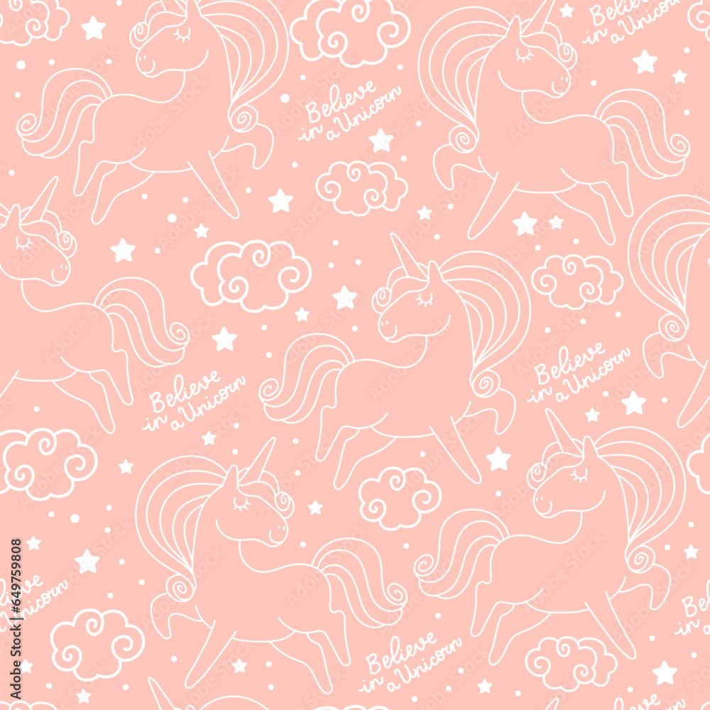 Fototapeta premium Seamless pattern white contour unicorns vector illustration