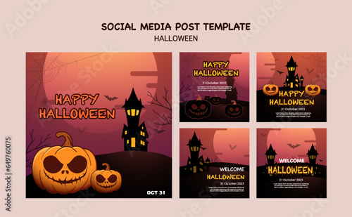 Collection of modern Happy Halloween invitation card. Set of Halloween icons and design elements. Vector illustration. Greeting cards with traditional symbols vector halloween instagram post